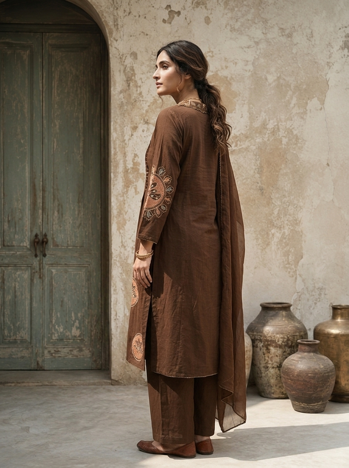 Brown Cotton Thread Embroidered Two Piece Set