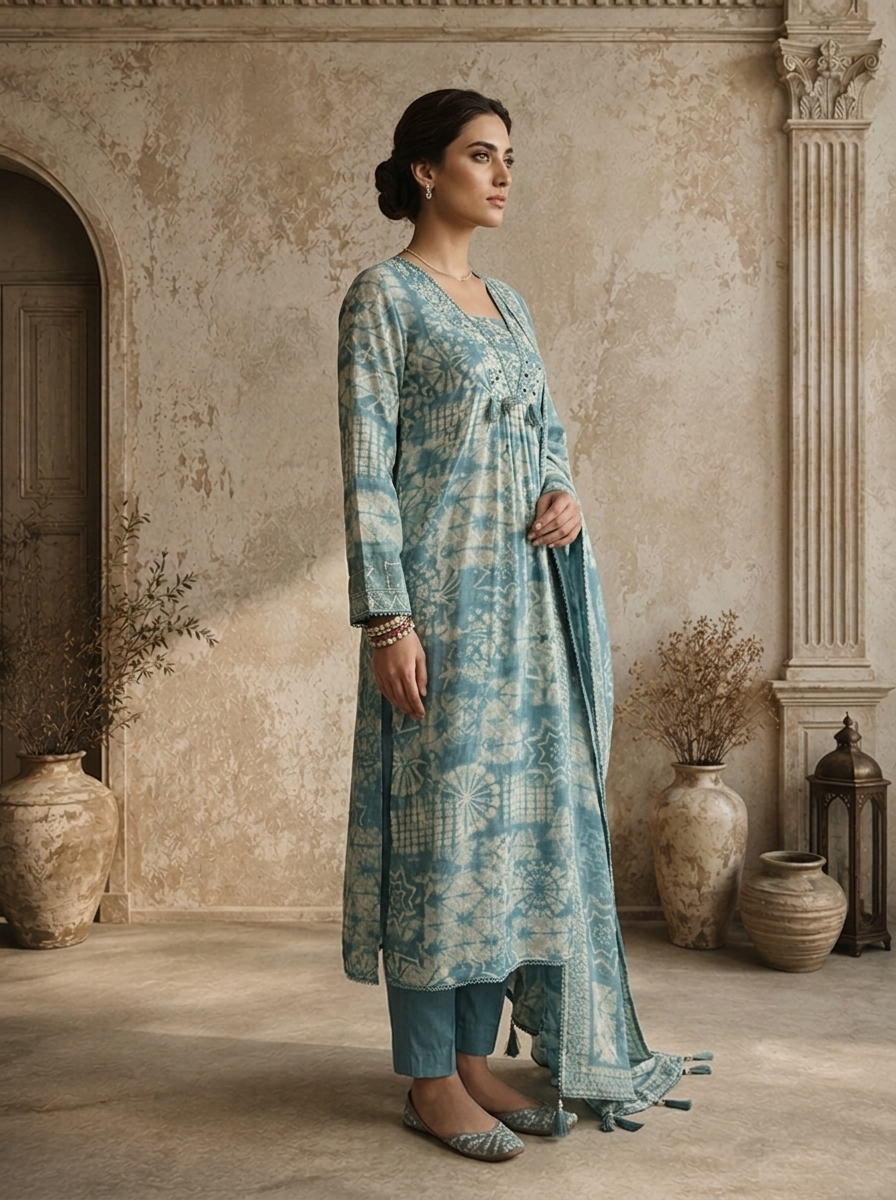 Sky Blue Muslin Geometric Printed Three Piece Set