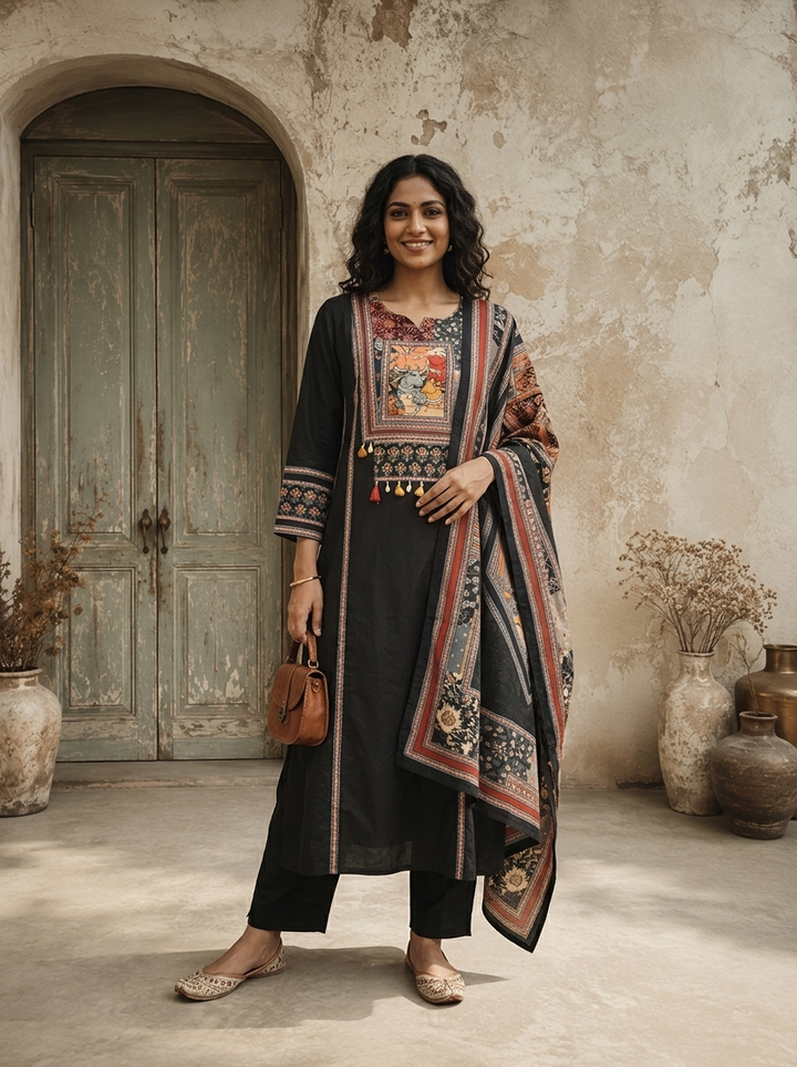 Black Cotton Animal Printed Three Piece Set
