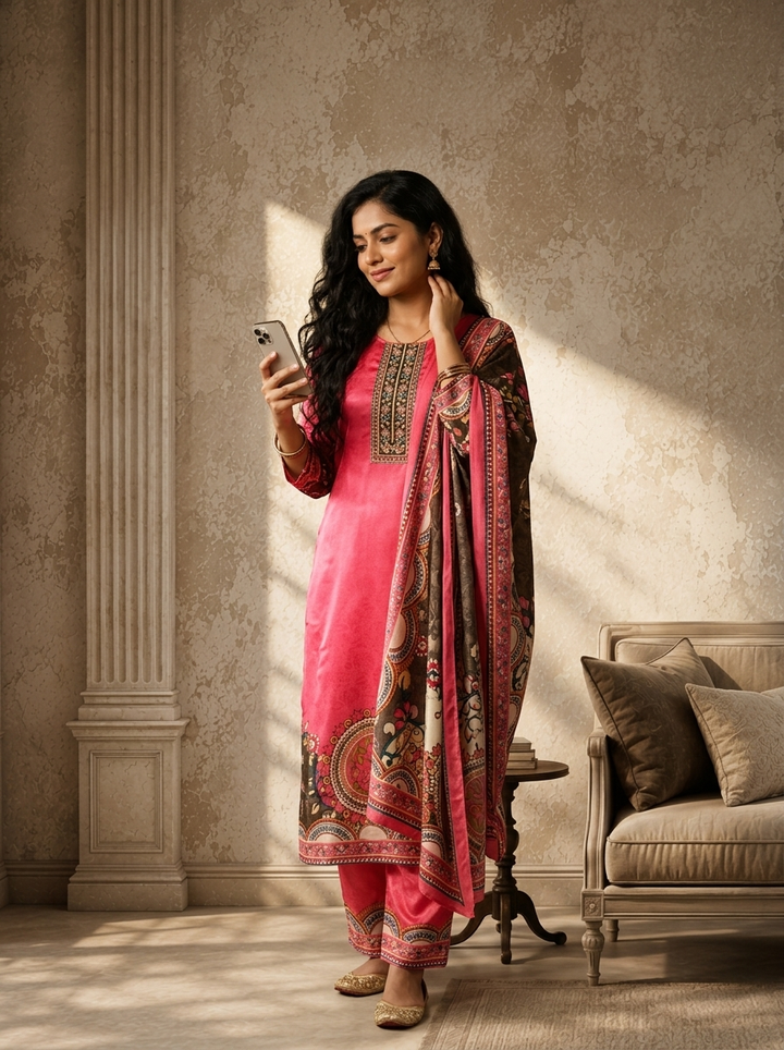 Rose Crepe Mandala Printed Three Piece Set