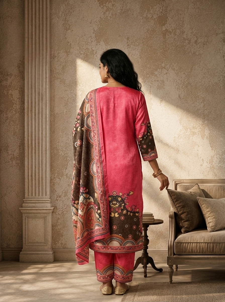 Rose Crepe Mandala Printed Three Piece Set