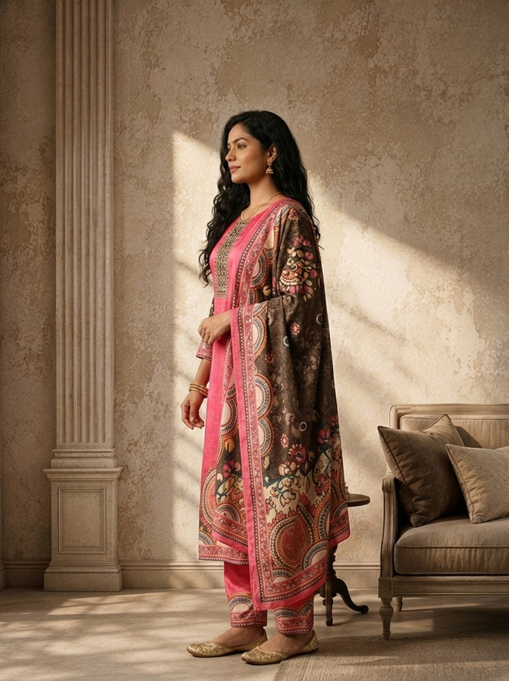 Rose Crepe Mandala Printed Three Piece Set