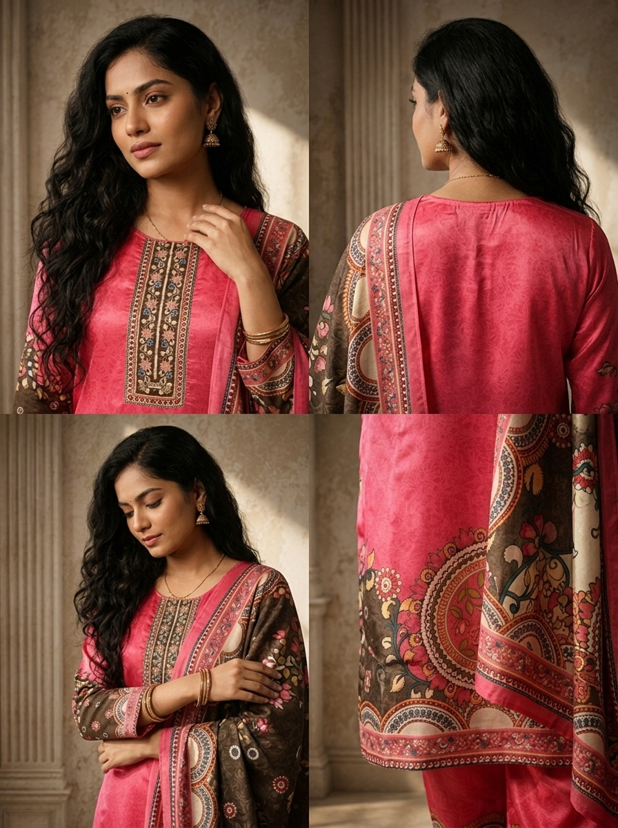 Rose Crepe Mandala Printed Three Piece Set