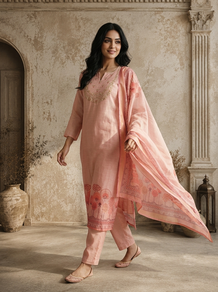 Baby Pink Silk Zari Embroidered Three Piece Set