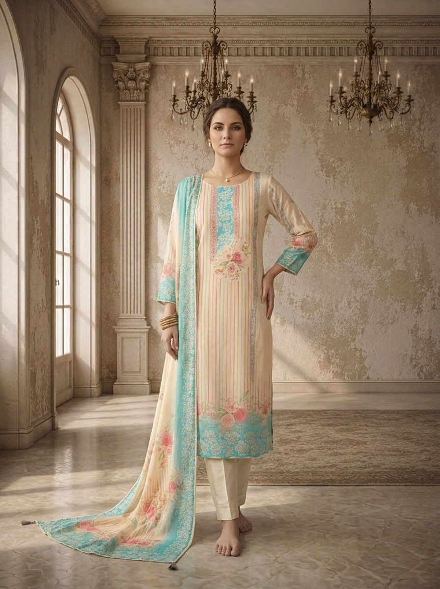 Ferozi Muslin Stripes With Floral Printed Three Piece Set