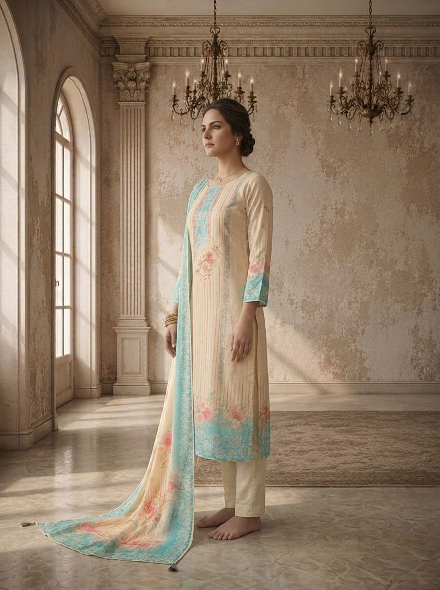 Ferozi Muslin Stripes With Floral Printed Three Piece Set