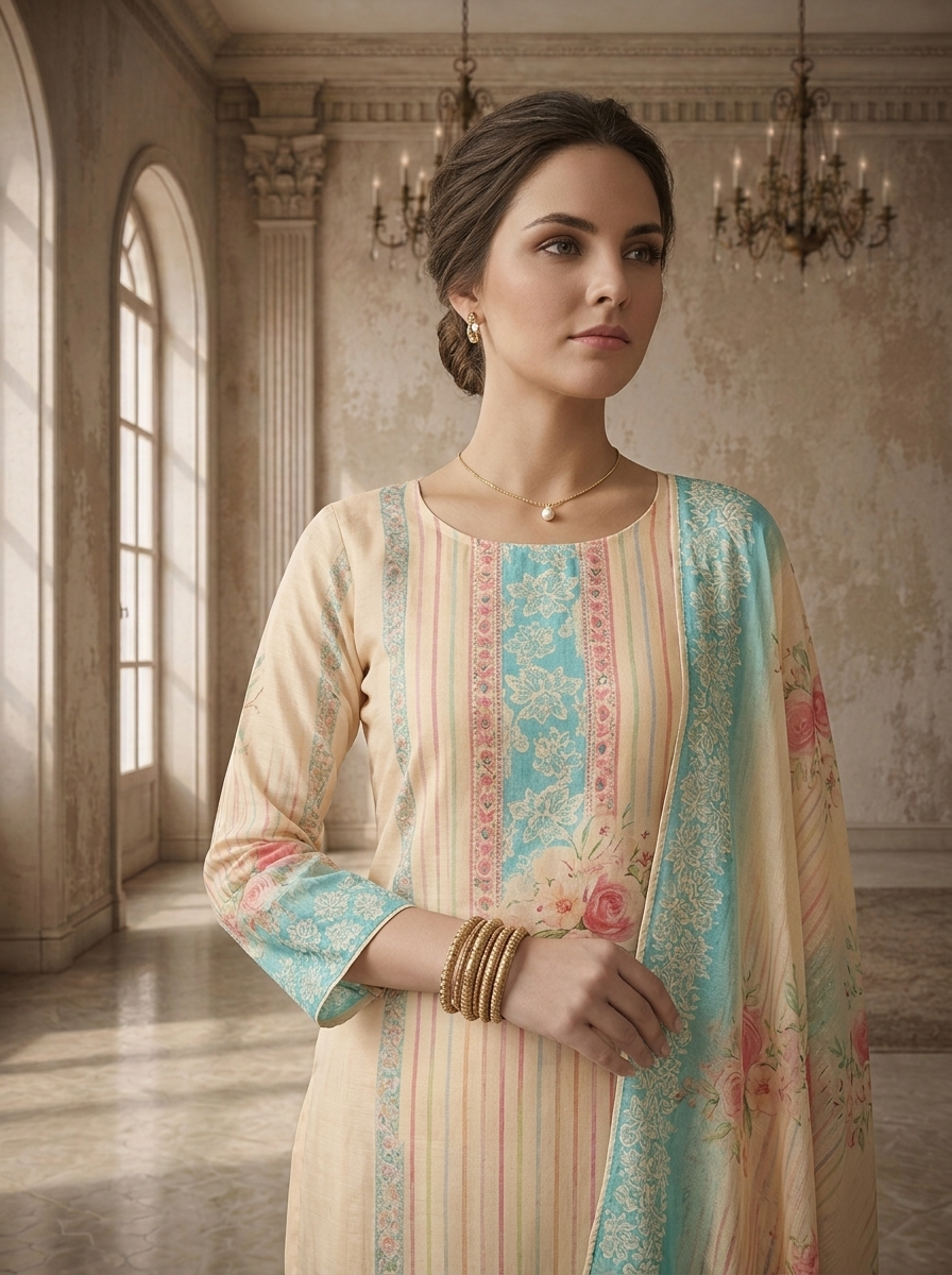 Ferozi Muslin Stripes With Floral Printed Three Piece Set