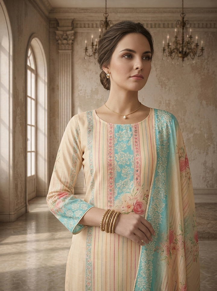 Ferozi Muslin Stripes With Floral Printed Three Piece Set