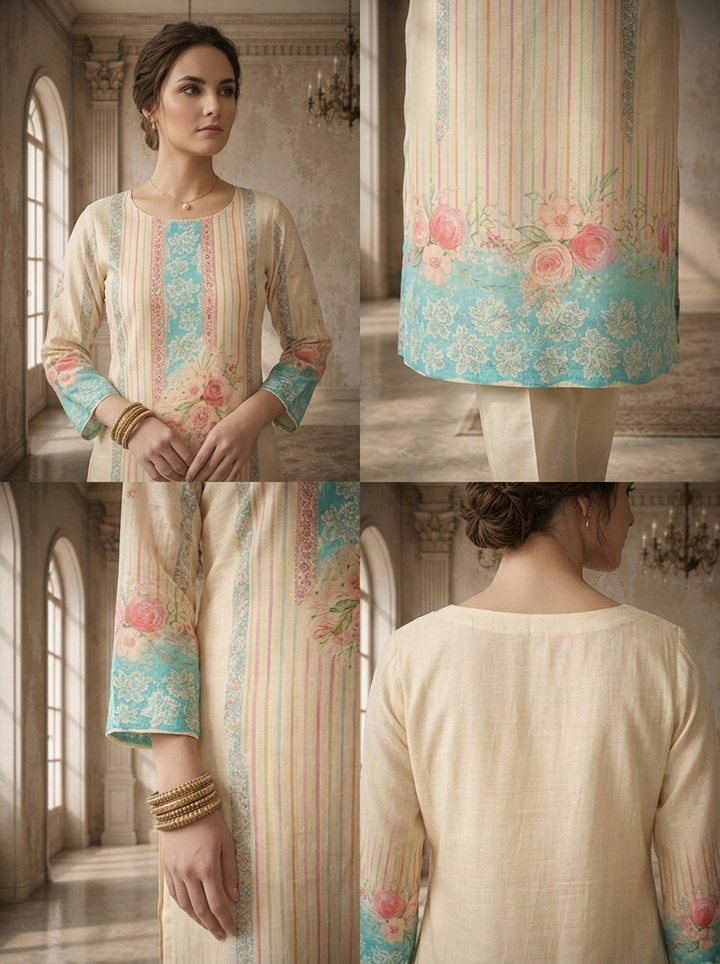 Ferozi Muslin Stripes With Floral Printed Three Piece Set
