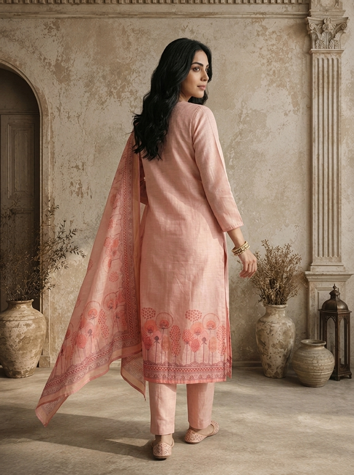 Baby Pink Silk Zari Embroidered Three Piece Set