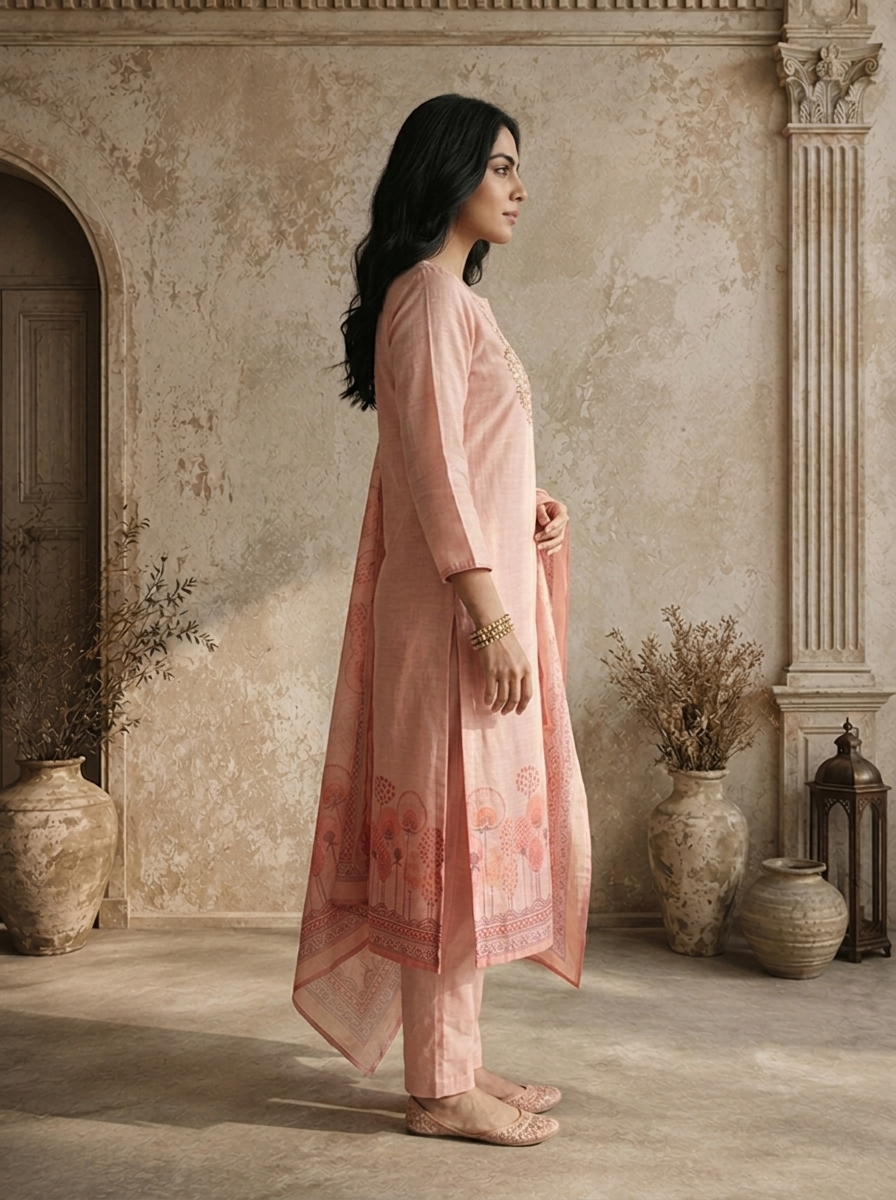 Baby Pink Silk Zari Embroidered Three Piece Set