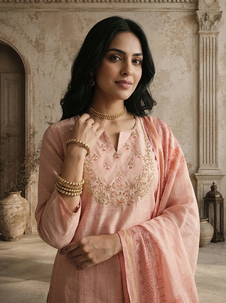 Baby Pink Silk Zari Embroidered Three Piece Set