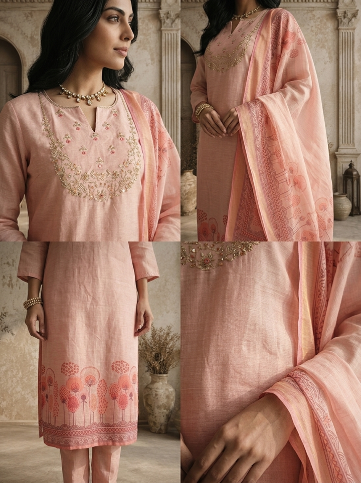 Baby Pink Silk Zari Embroidered Three Piece Set