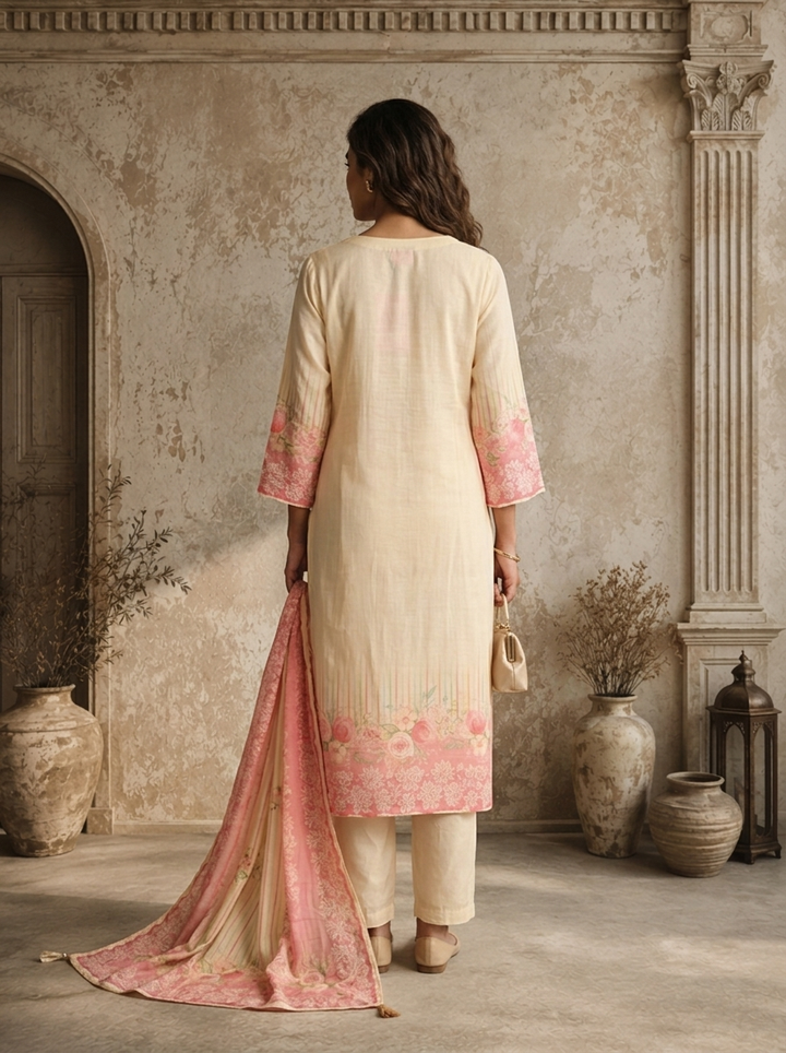Rose Pink Muslin Stripes With Floral Printed Three Piece Set