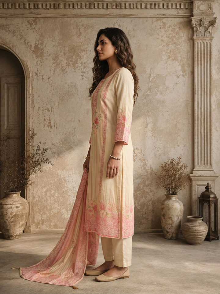Rose Pink Muslin Stripes With Floral Printed Three Piece Set
