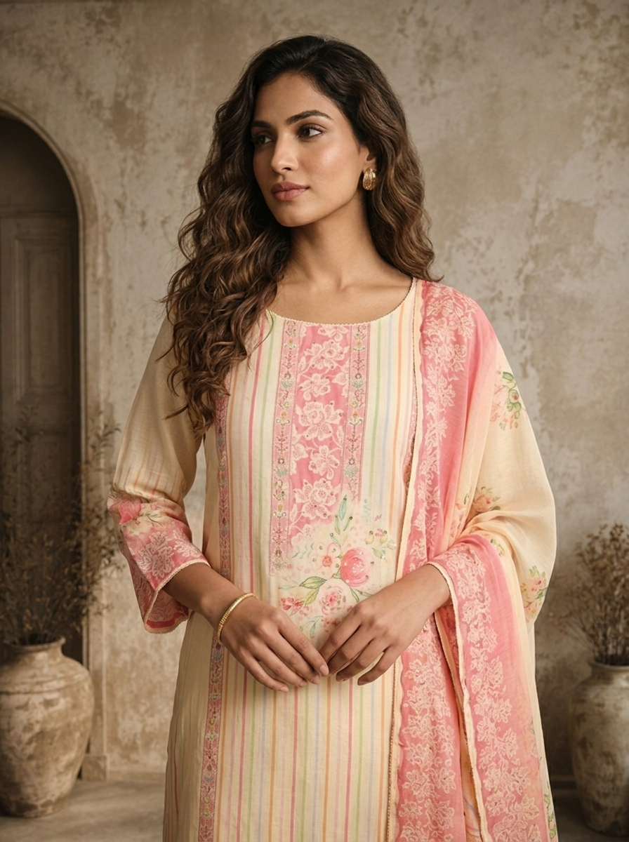 Rose Pink Muslin Stripes With Floral Printed Three Piece Set