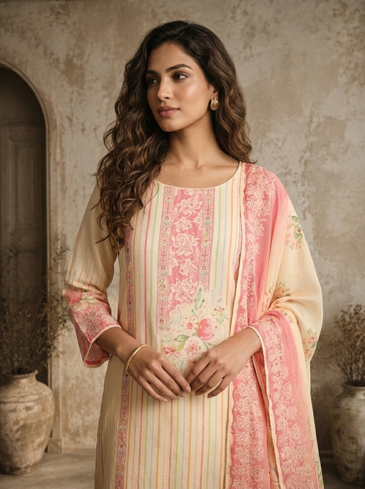Rose Pink Muslin Stripes With Floral Printed Three Piece Set