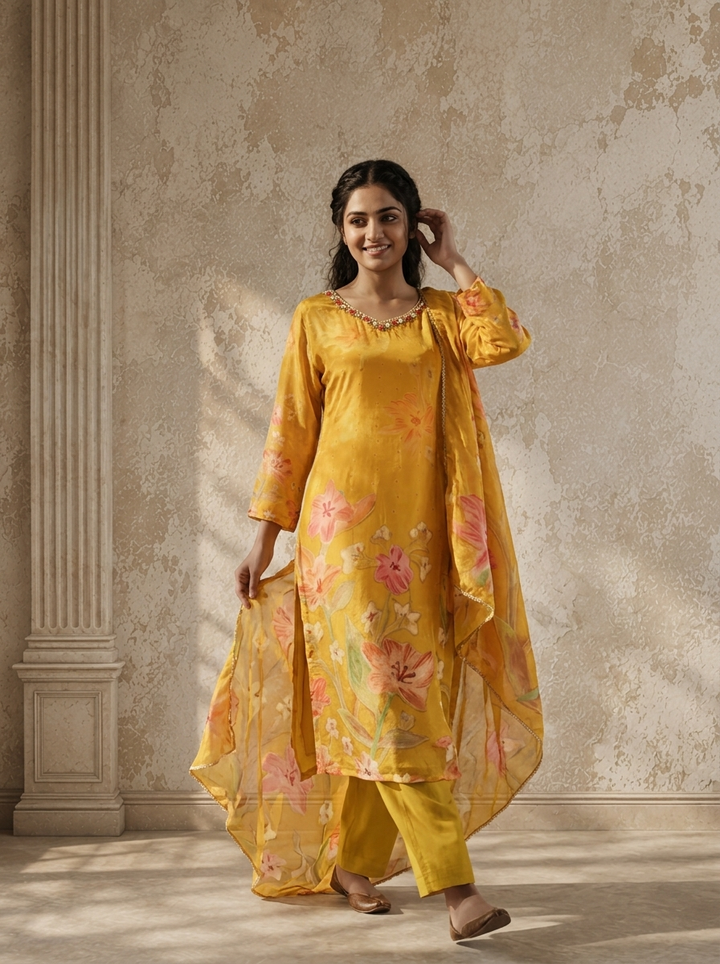 Mustard Crepe Floral Printed Three Piece Set