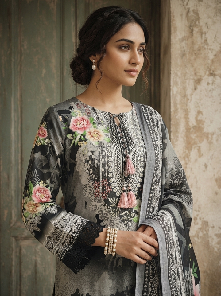 Black Rayon Ethnic Motif Printed Three Piece Set