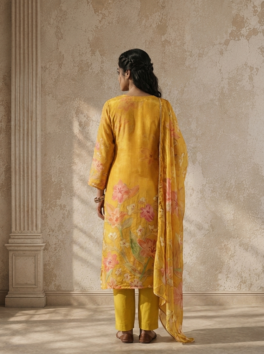 Mustard Crepe Floral Printed Three Piece Set