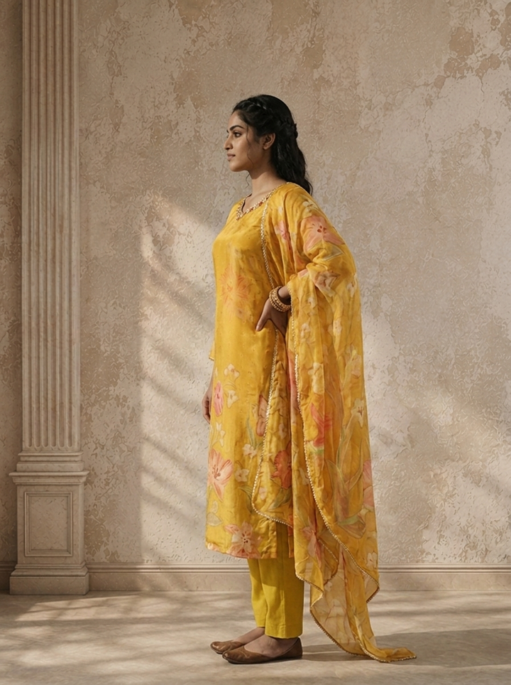 Mustard Crepe Floral Printed Three Piece Set