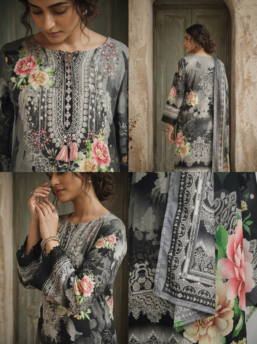 Black Rayon Ethnic Motif Printed Three Piece Set