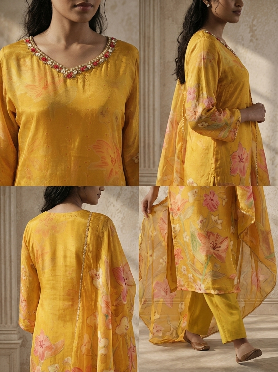 Mustard Crepe Floral Printed Three Piece Set