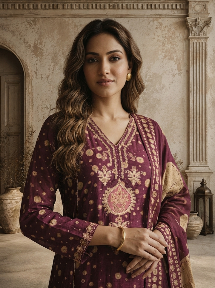 Wine Muslin Circular Motif Printed Three Piece Set