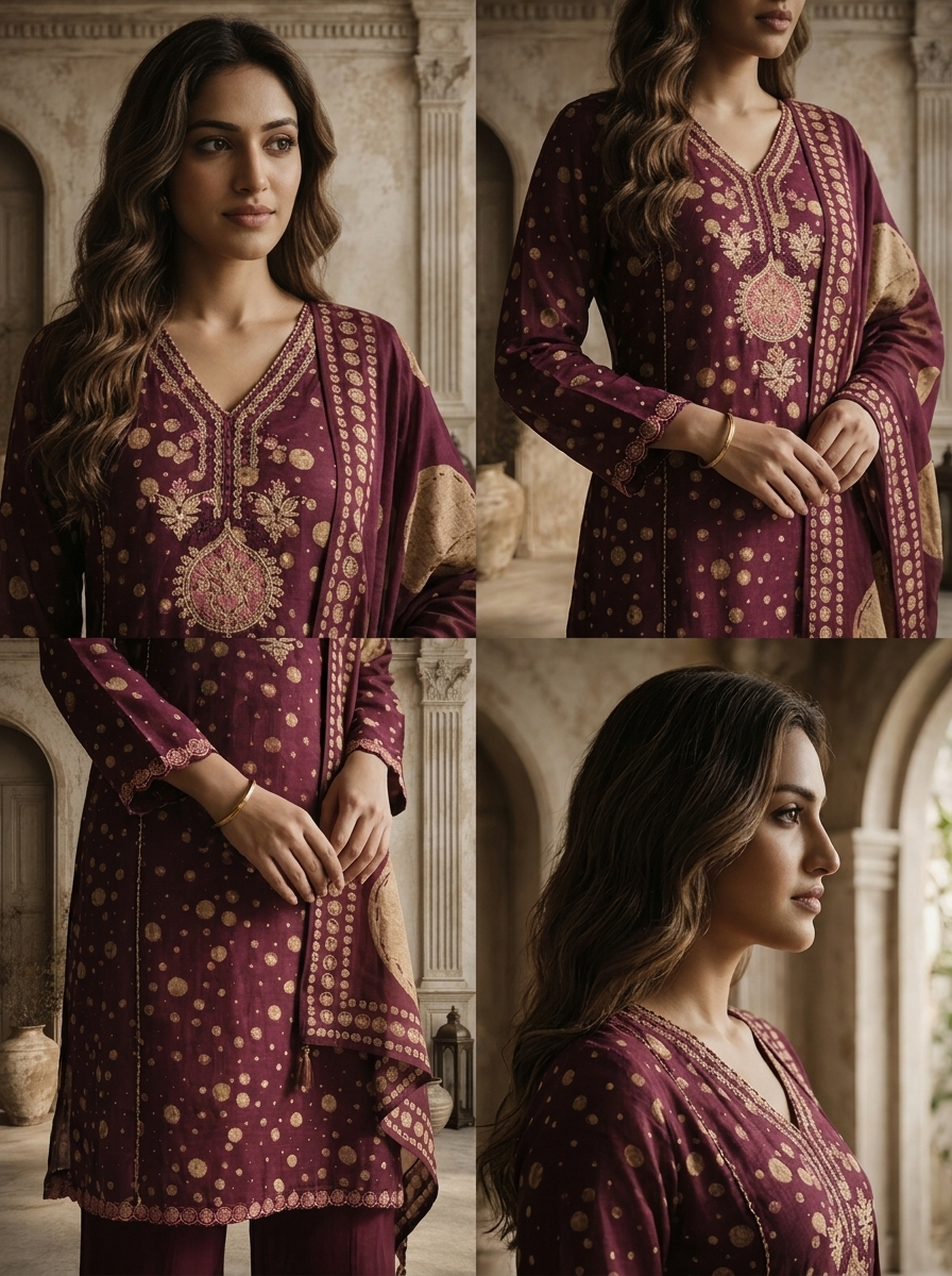 Wine Muslin Circular Motif Printed Three Piece Set