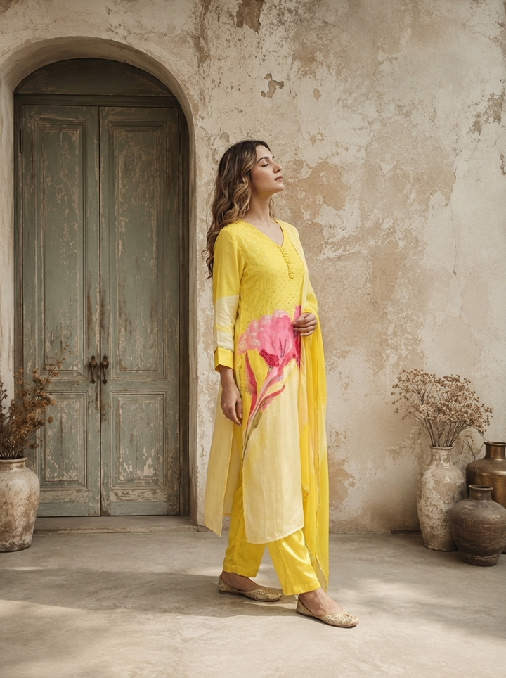 Lemon Linen Floral Embroidered Three Piece Set