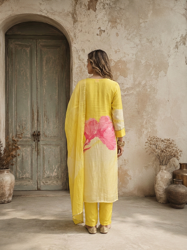 Lemon Linen Floral Embroidered Three Piece Set