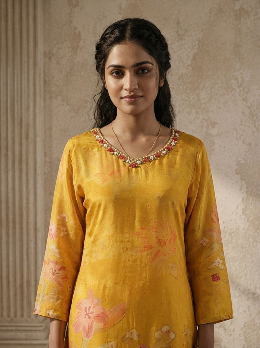 Mustard Crepe Floral Printed Three Piece Set