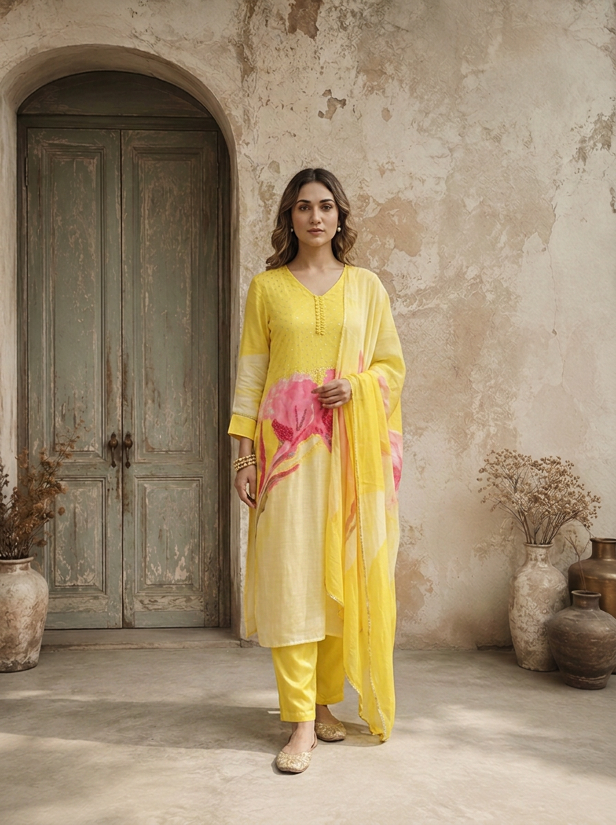 Lemon Linen Floral Embroidered Three Piece Set