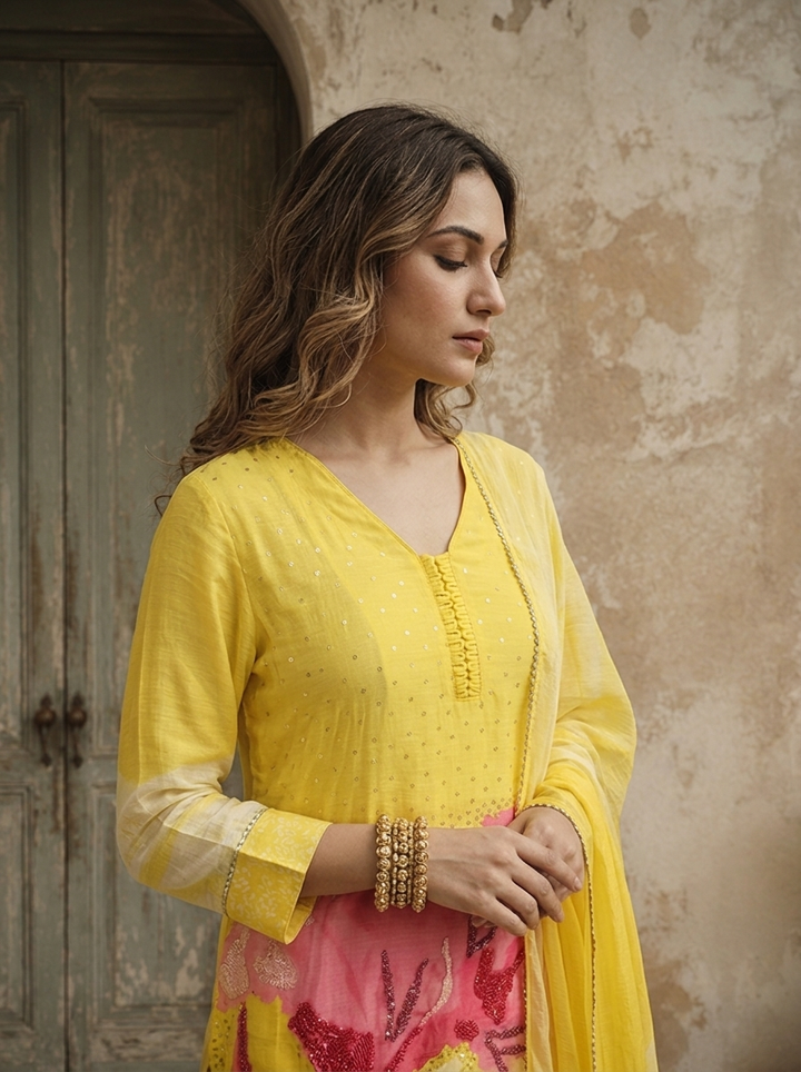 Lemon Linen Floral Embroidered Three Piece Set