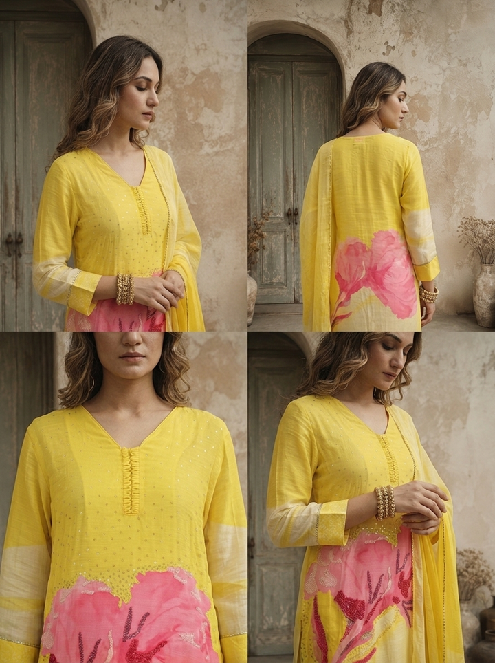 Lemon Linen Floral Embroidered Three Piece Set