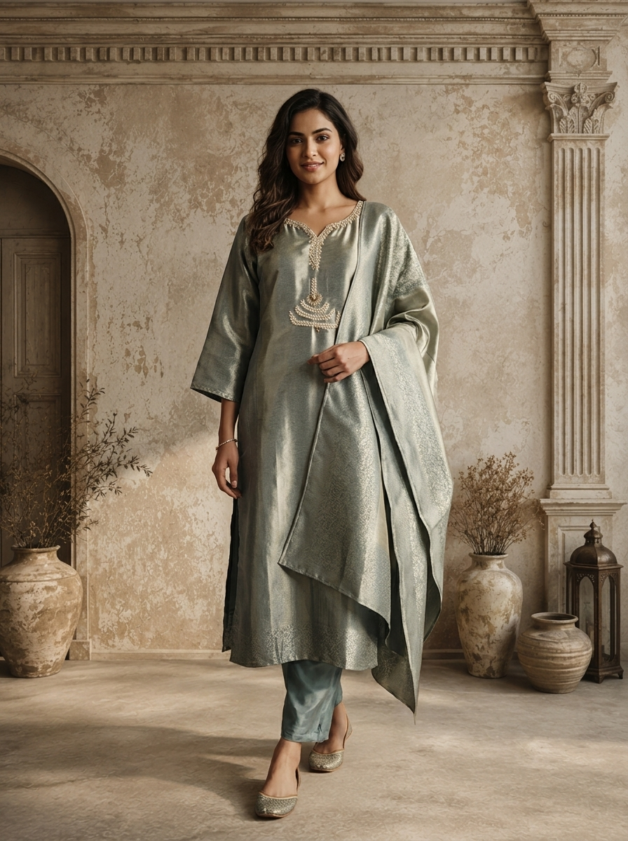 Aqua Organza Stone Embroidered Three Piece Set