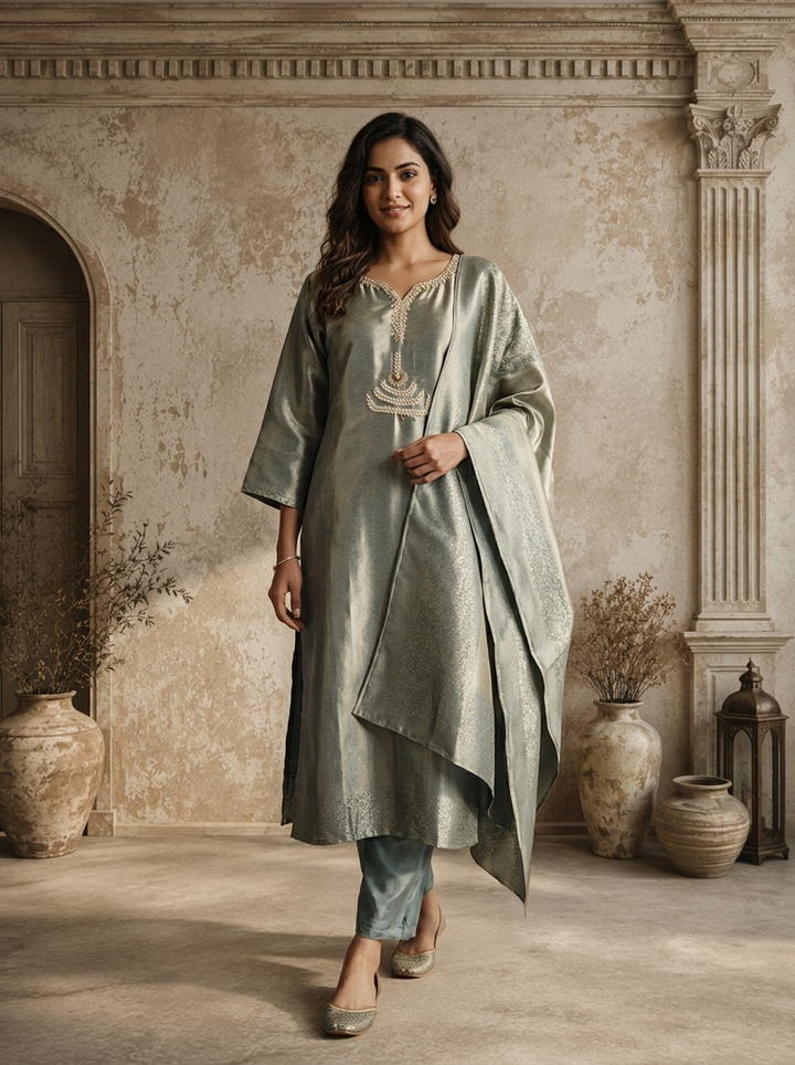 Aqua Organza Stone Embroidered Three Piece Set