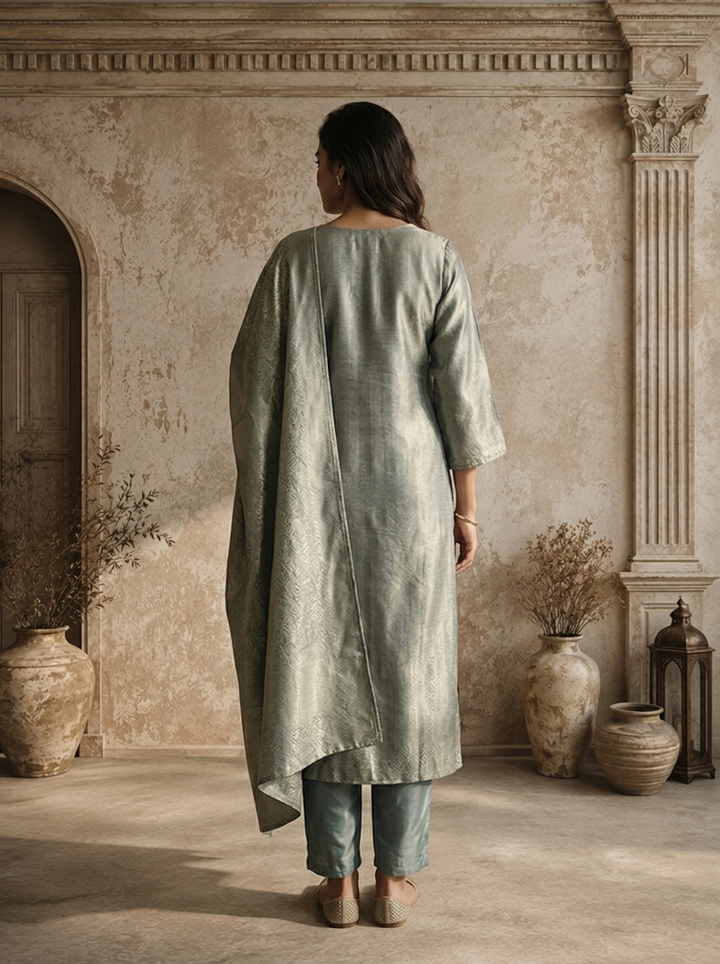 Aqua Organza Stone Embroidered Three Piece Set