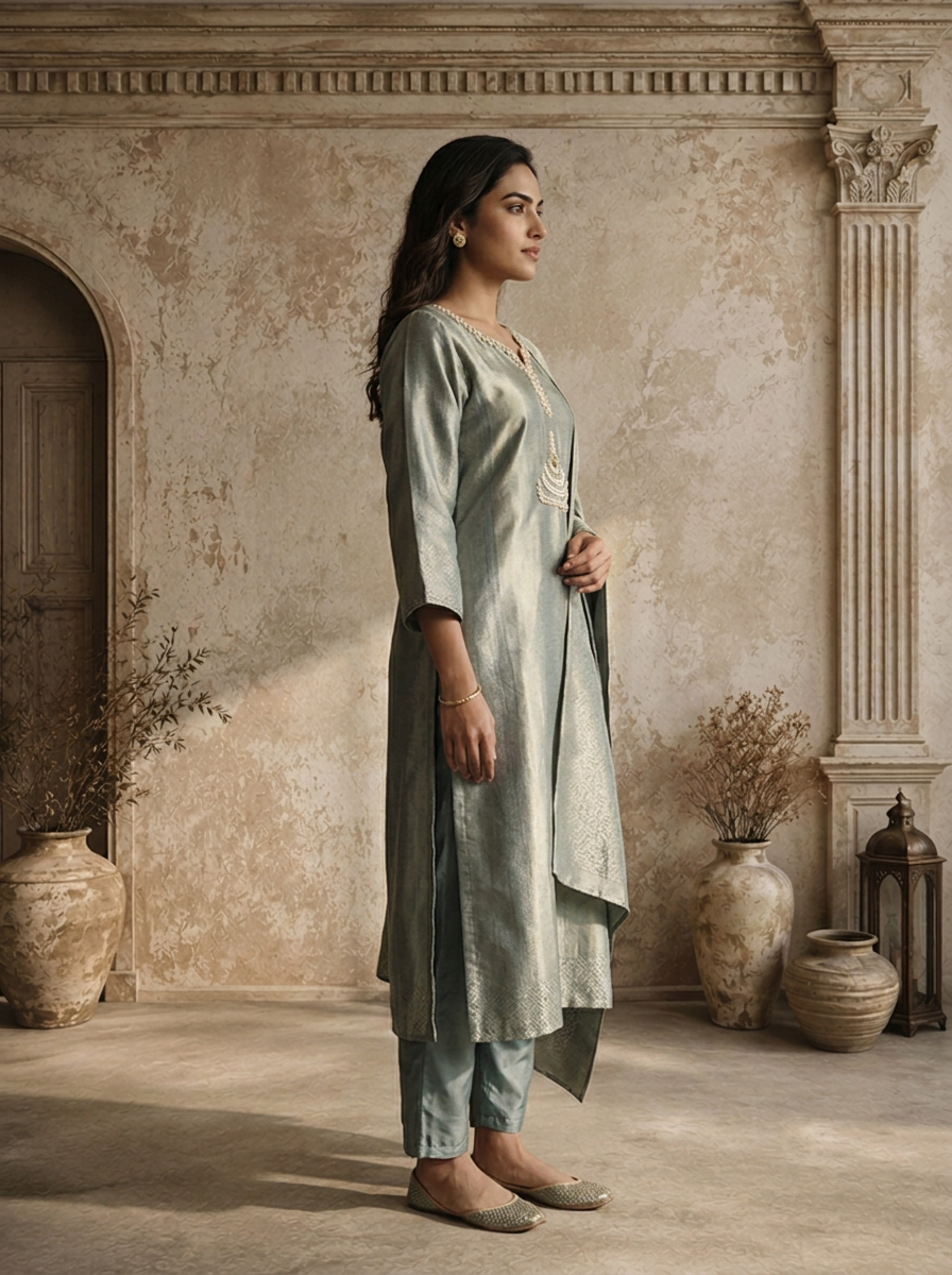 Aqua Organza Stone Embroidered Three Piece Set