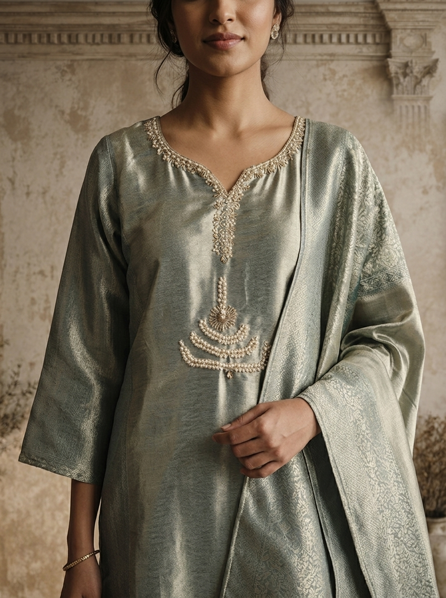 Aqua Organza Stone Embroidered Three Piece Set