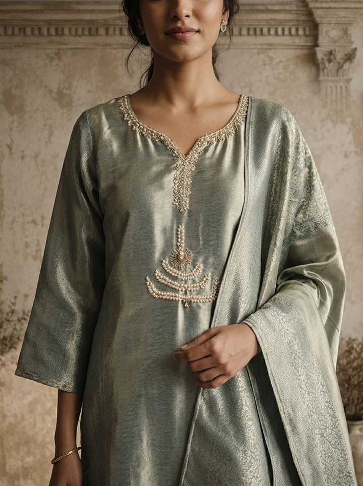 Aqua Organza Stone Embroidered Three Piece Set