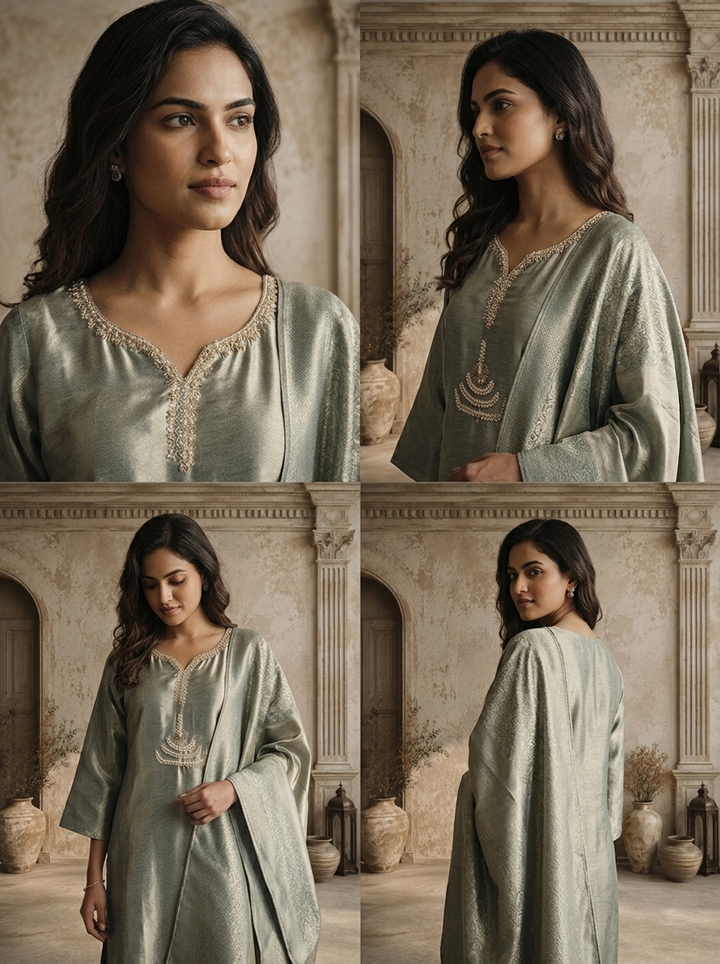 Aqua Organza Stone Embroidered Three Piece Set