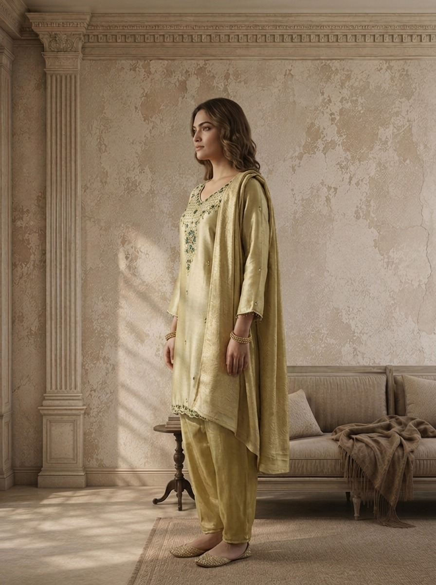 Light Green Organza Stone And Pulse Embroidered Three Piece Set