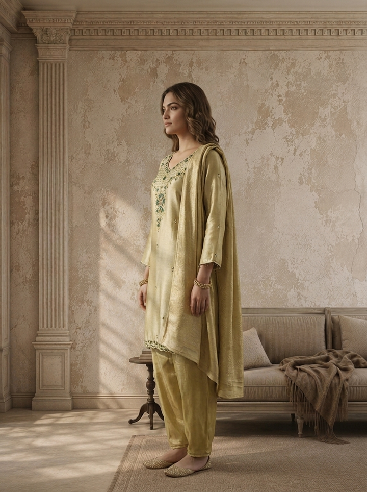 Light Green Organza Stone And Pulse Embroidered Three Piece Set