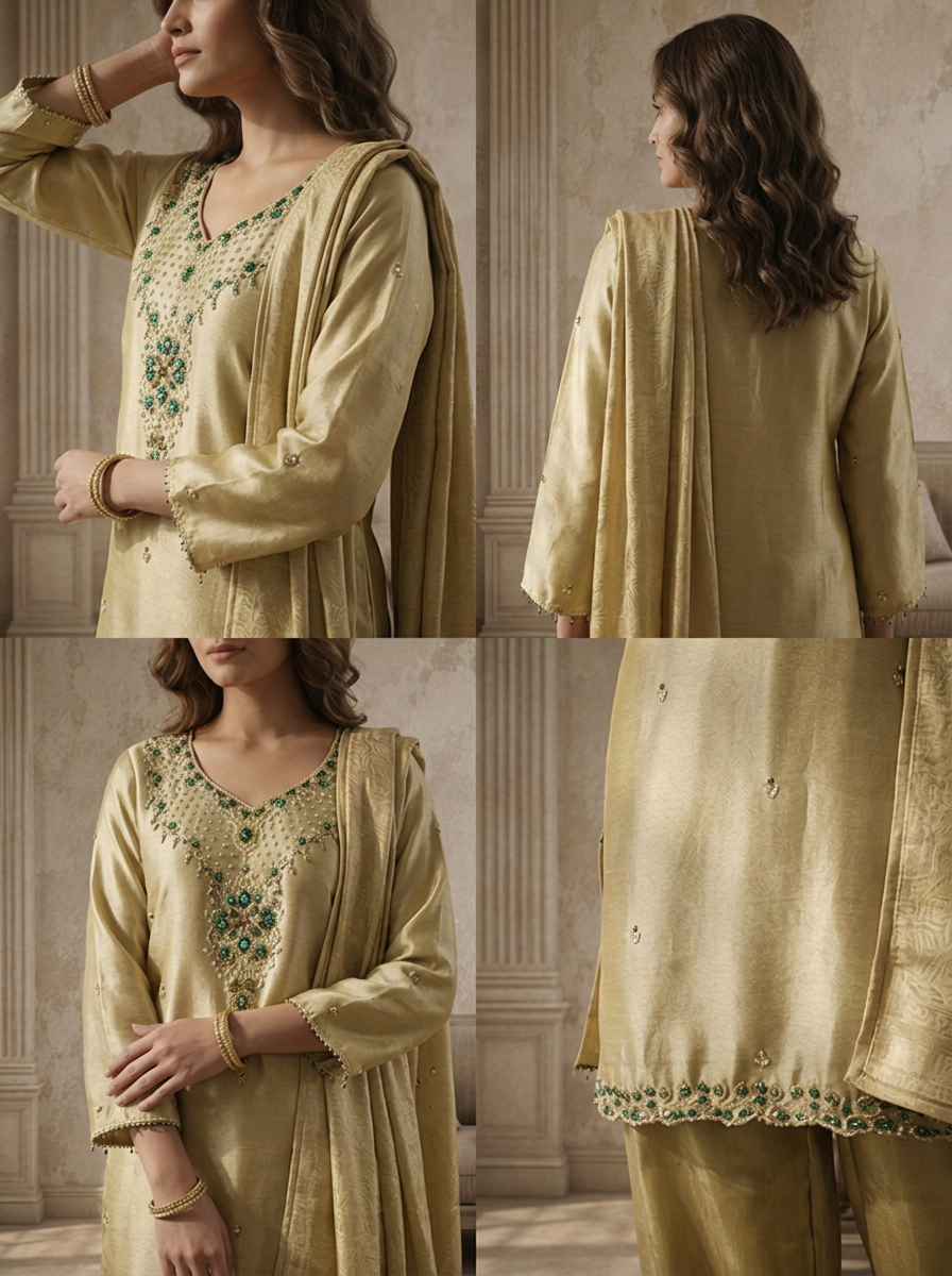 Light Green Organza Stone And Pulse Embroidered Three Piece Set