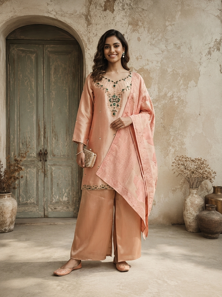 Peach Organza Pulse And Stone Embroidered Three Piece Set