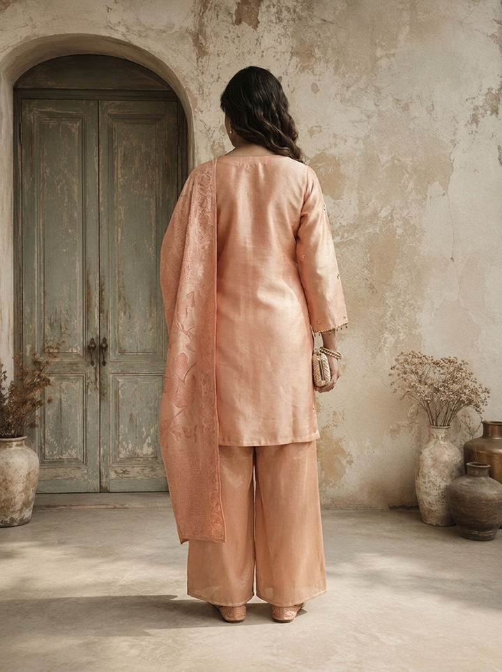 Peach Organza Pulse And Stone Embroidered Three Piece Set