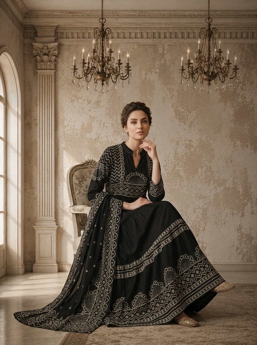 Black Cotton Bandhej Printed Three Piece Set