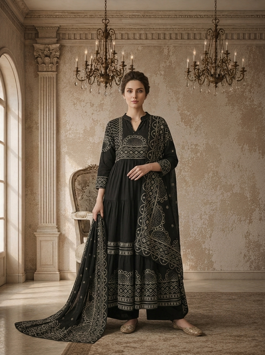 Black Cotton Bandhej Printed Three Piece Set