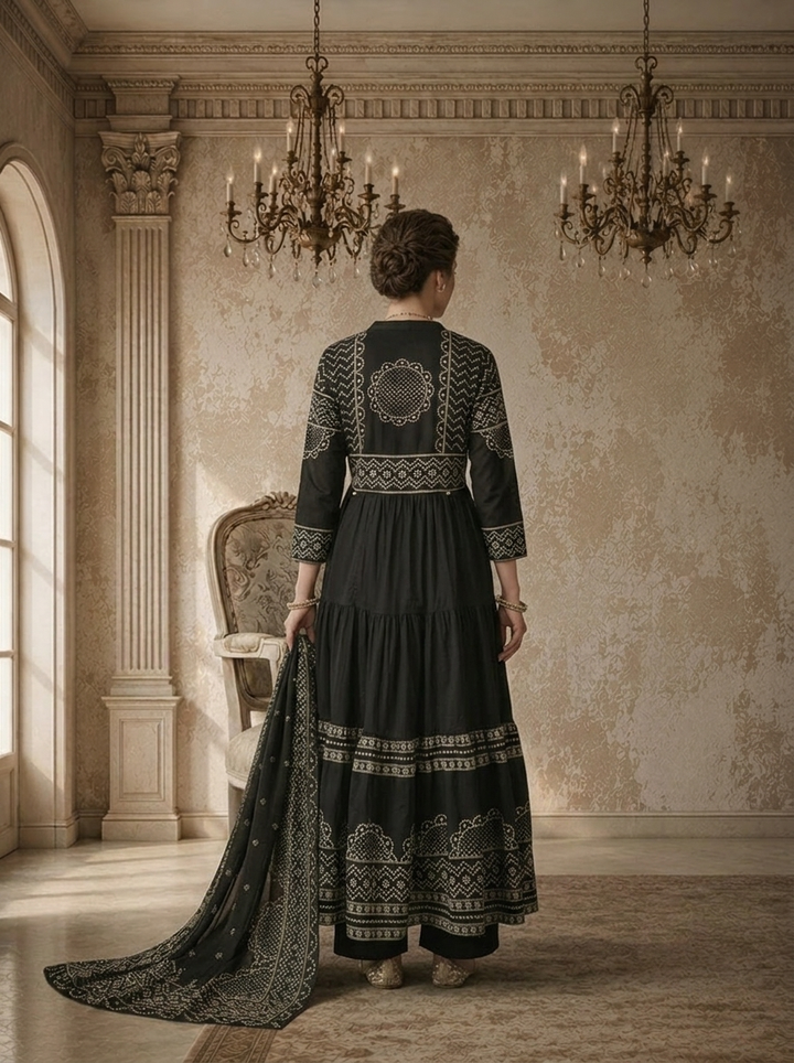 Black Cotton Bandhej Printed Three Piece Set